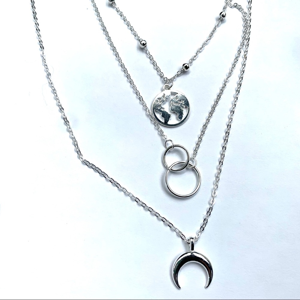 Silver Triple Layer Earth Ring Moon Necklace - Picture 3 of 4